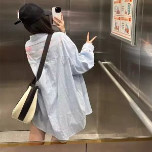 Stripes Shirt Womens Shoulder Summer Thin Korean Style Loose Top Shirt Small Long Sleeves Sun Protection Lazy Coat