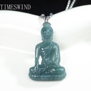 TIMESWIND Natural Original A-Type Jade Sakyamuni Buddha Three-D Pendant for Men Women Titanium Steel Necklace with Certificate