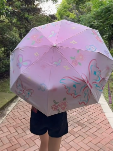 Fully automatic/manual folding umbrella Pink butterfly sunshade UV umbrella Mini portable womens umbrella