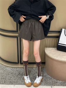 plus Size Womens Retro Straight Leg PU Leather Pants Korean Style High Waist Short Length Casual Trousers for Autumn Spring