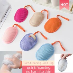 Heabety Bath Cleansing Foaming Net With Lanyard Double-Sided Oval Soap Bag Body Exfoliating Scrubber Sponges Bathroom Mesh Soap Pocket
