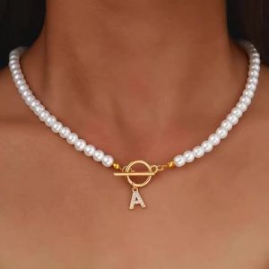 Fashion Crystal Initial Letter Charm Imitation Pearl Choker Necklace For Women Party Wedding Jewelry