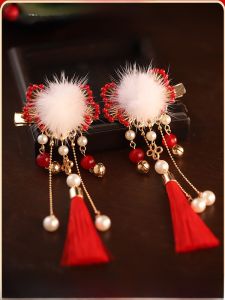 Red Furry Tassel Hair Clip Cute Childrens Hair Accessories Traditional Chinese Hanfu Festive Accessories Hair Decorations