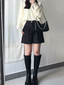 กางเกงขายาวทรงเอเอวสูงผ้าขนสัตว์หนาสำหรับผู้หญิง กางเกงขาสั้นฤดูใบไม้ผลิและฤดูใบไม้ร่วงสำหรับใส่กลางแจ้ง กางเกงขายาวสำหรับใส่ลำลองในฤดูหนาว