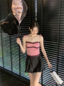 LXLILIUM Pure Love Little Cat Pink Print Lace Trim Halter Womens Summer Outdoor Short Top Other Material 100% Vest Tank Top