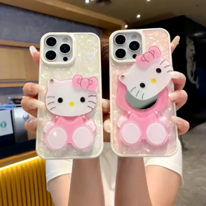 Ultra Thin Frameless Bare Touch Hard PC Phone Case Shimmer Crushed Shell Heart Print Cartoon Flip Mirror Stand Shell For iPhone 17 16 15 14 13 Pro Max