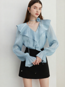 D-PLAY | Elegant Blue V-neck Ruffled Hem Long Sleeve Blouse