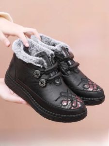 SHIPAILUO | Thickened Winter Snow Boots Womens Warm Fleece Lined Elderly Ladies Shoes Low Heel Round Toe Soft Inner Material Floral Pattern