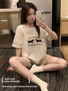 Miiow | Pure Cotton Summer Thin Short Sleeve Shorts Womens Sleepwear Set Sweet Girl Home Clothes Cotton Polyester Blend Round Neck