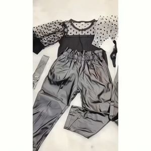 SSP48 - FREE BELT Setelan Set Anak Perempuan Kaos Rajut + Celana Kulit Hitam