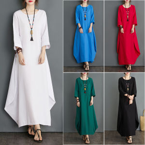 Loose Cotton Linen Long Dress Slimming Seven Sleeve Pure Color Ethnic Artistic plus Size Spring Summer A-Line Dress