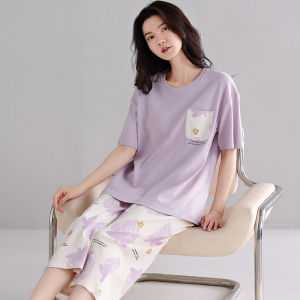 MiiOW | Pure Cotton Summer Sleepwear Womens Loose Short Sleeve Round Neck Home Clothes Set With Chest Pad Cute Sweet Style Cat Person