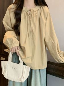 เสื้อเชิ้ตแขนยาวสีกรมท่า ทรงหลวม ทรงเข้ารูป สำหรับผู้หญิง ฤดูใบไม้ร่วง 2025 ใหม่ ไซส์ใหญ่ เสื้อคลุมท้อง ทรงเข้ารูป เสื้อผ้าทำงาน