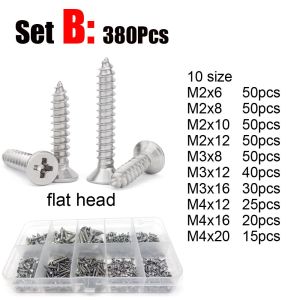 380/1010pcs M1.2 M1.4 M1.7 M2 M3 M4 304 Stainless Steel Phillips Round & Flat Countersunk Head Self Tapping Wood Screw Set Kit
