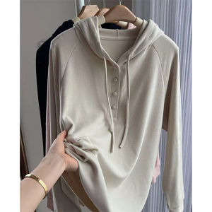 Loose Fit Hoodie Jacket Womens Casual Style Pure Color Button Design Top for Autumn Season Fashion Trend Outerwear Coat