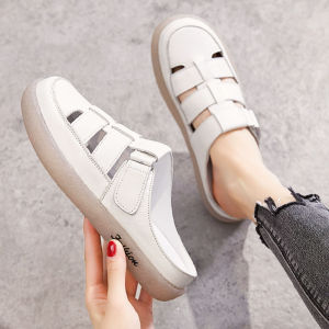 Womens Flat Sandals and Slippers with Anti Slip Cow Rib Soles Summer New Pregnant Womens Sandals Soft Bottom Baotou Muller Half Slippers