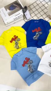 Áo thun bé trai cotton 100% co giản 4 chiều in hình mô tô Wild từ 11-38 kg