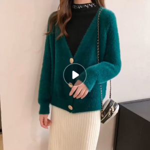 Black Fur Cardigans For Women V-Neck Long Sleeve Button Through Winter Sweaters Mink Coat Office Blazer  Women’s Jacket