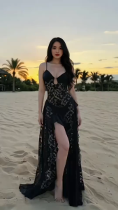 CR_ Váy đầm nữ gợi cảm đầm đi biển đầm 2 dây Ren xẻ tà tua rua khoét lỗ nhỏ xuyên thấu dáng dài