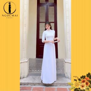 Áo dài học sinh áo dài trắng tinh dáng ôm vải áo lụa mỹ trơn cổ cao 2 phân tay lỡ - Áo dài Ngọc Mai