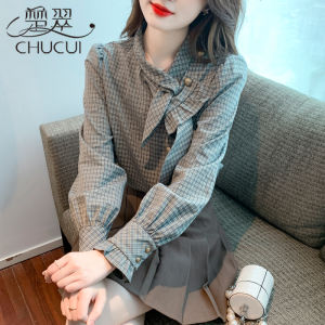Trendy Plaid Long Sleeve Womens Shirt French Style Chiffon Top High-End Lightweight Luxury Spring Autumn Fashion Workwear