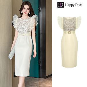 Happy Diva เดรสผู้หญิง เดรสสีครีม สีเหลือง เดรสแขนกุด เดรสผ้าเลื่อม เดรสทำงาน เดรสไฮโซ เดรสวินเทจ เดรสออกงาน เดรสปาร์ตี้ ชุดราตรี 50919