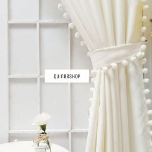 Gorden putih blackout Pompom | gordyn  pom pom hordeng Putih bohemian | gorden blackout putih pompom bahan blackout import tidak menerawang 12 lubang smokring 6 gelombang