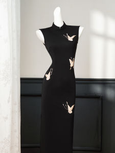 Đầm Hè Hoa Văn Cheongsam Đen Sang Trọng Cao Cấp