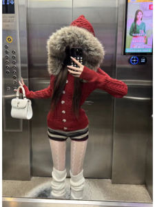 YUEZHONGWEI | Red Large Fur Collar Hooded Knitted Sweater Cardigan Female Slimming