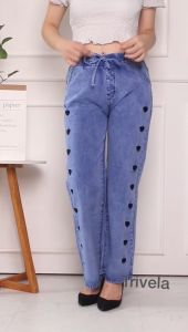 Tifiity - Lovely Karet / Celana Kulot Jeans Tebal Love Bordir Wanita Pinggang Full Karet Tebal
