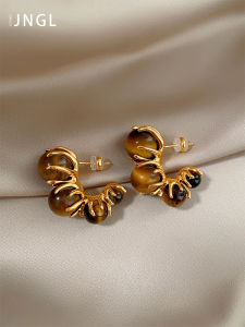 Elegant C-Shaped Hoop Earrings Womens Design Tiger Eye Stone Fashionable Luxury Lightweight Jewelry Ear Cuffs