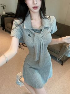 GUZILIAN | Polo Collar Patchwork Single Button Tunic Dress