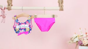 【COD&Local】Girl´s Two Pieces Swimwear Suit Letter Floral Print Front Twist Knot Vest Tops with Underpants