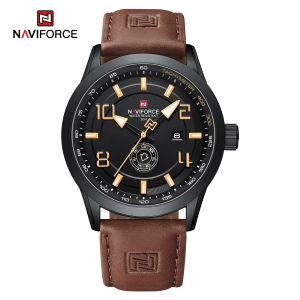 NAVIFORCE Watch for Men Fashion Sport Casual Original Wristwatch Double Calendar Brown Leather Strap Watch Shock Resistant Waterproof Watch NF9229