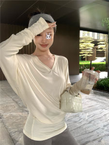 Low Neck V-Neck Long Sleeve T-Shirt Womens Casual Style Loose Fit Wool Lyocell Material Slimming Effect Autumn New Arrival