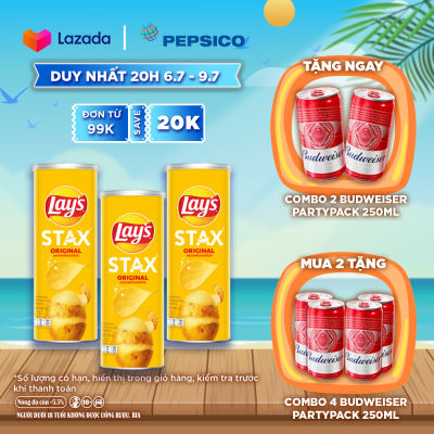 [ĐẶT HẸN 20H 6.7-9.7][TẶNG NGAY BUDWEISER]  Combo 3 lon Snack Khoai Tây Miếng Lay's Stax Vị Tự Nhiên (3 x 100g/lon)
