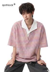 QOTRIOCK | Color Blocking Bubble Gauze Thin Fitted Five Quarter Sleeve Shirt