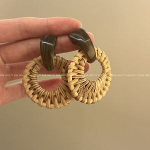 Bohemian Style Bamboo And Grass Woven Earrings Womens Unique Exaggerated Holiday Fashion Ear Jewelry Ear Hoops Ear Dangles