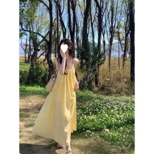 French Yellow Strap Dress Womens Summer Beach Vacation Style Loose A-Line Long Dress Streetwear Knitted No Sleeve