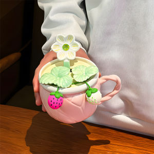 Ceramic Strawberry Mugs with Lid Spoon Cute Breakfast Milk Drinking Cups Home Office Use 380ml Capacity Style Universal