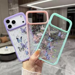 Bling Glitter Painting Butterfly Case For iPhone Air 17 16 E 14 15 13 12 11 Pro Max Plus Mini Aesthetic Epoxy Transparent Cover