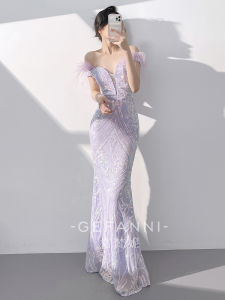 Elegant High-End Purple Off-the-Shoulder Summer Mermaid Dress