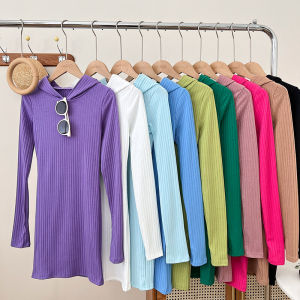 ชุดเดรสยาวคลุมเข่ามีฮู้ดทรงสลิมฟิตสำหรับผู้หญิงในฤดูใบไม้ร่วงและฤดูหนาว เดรสชั้นในทรงเอสีพื้นแขนยาวทรงเข้ารูป