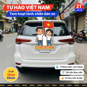 Tem Dán Xe Cặp Đôi Chibi Cầm Cờ Đỏ Sao Vàng Tự Hào Việt Nam Sticker Hoạt Hình Dán Ô Tô Xe Máy Chống Nước