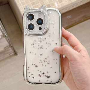 3D Plating Clear Cat Ears Star Phone Case For iPhone 16 15 14 13 12 11 Pro Max Cartoon Luxury Glitter Diamonds Shockproof Cover