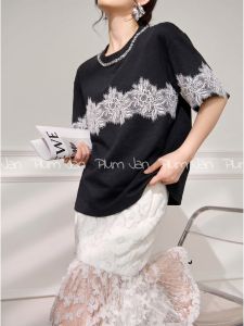 PlumJan | Áo Thun cổ Tròn Thiết Kế Ren Đẹp Độc Đáo