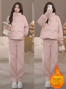 Fashionable Anti-Aging Cotton Jacket Fleece-Lined Pants Two-Piece Set Autumn Winter New Style Womens Wear Zipper Closure Long Sleeve