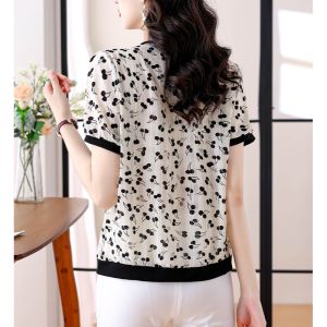 เสื้อเชิ้ตผ้าชีฟองแขนสั้นลายดอกไม้สำหรับคุณแม่วัยกลางคน ทรงหลวม คอวี แขนสั้น ปกปิดหน้าท้อง แฟชั่นฤดูร้อน เสื้อยืดผู้หญิง