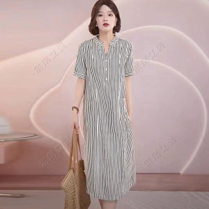 2025 New Summer Japanese Style Simple Print Dress Womens Loose Slimming Younger Striped Large Square Luxury Skirt
