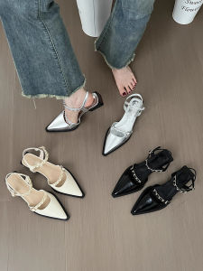 Silver Thick Heel Sandals Fairy Shoes French Mary Janes Pointed Toe Backless Single Shoes Summer New Style Commute Fashion